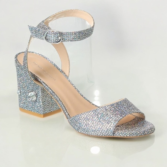 STUART WEITZMAN Alshn Crystal Embellished Block Heel Sandal in Aurora - Picture 1 of 15